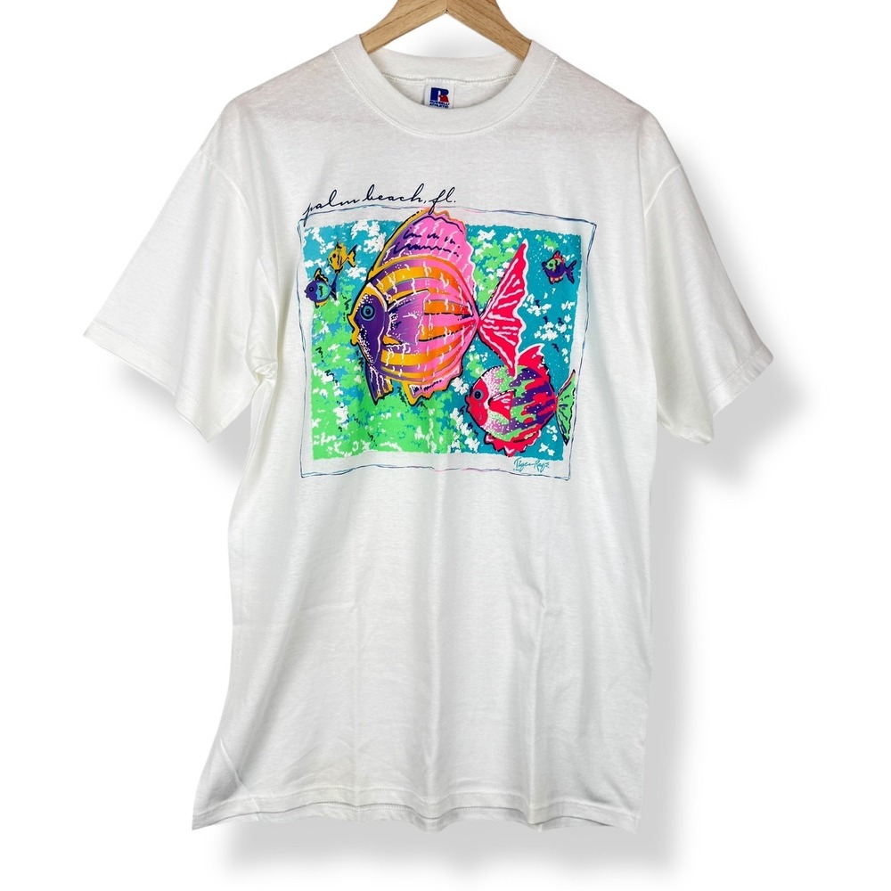 Russell Tiger Rags 1990 Palm Beach Neon Fish T Shirt Size Large USA Vintage 90s